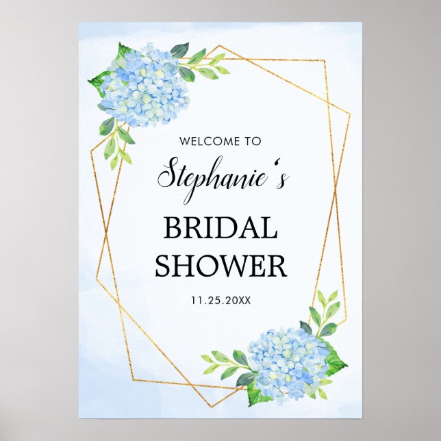 Blue Hydrangea Geometric Bridal Shower Poster (Front)