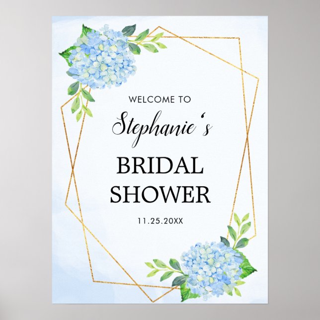 Blue Hydrangea Geometric Bridal Shower Poster (Front)