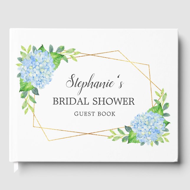 Blue Hydrangea Geometric Floral Bridal Shower Guest Book (Front)