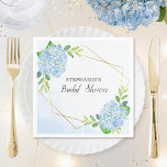 Blue Hydrangea Geometric Floral Bridal Shower Napkin<br><div class="desc">These bridal shower napkins feature a blue hydrangea flowers and faux gold geometric design. You can personalise these napkins with the bride's name. These napkins are part of a collection which includes a range of matching wedding stationery and bridal items. Please visit our store or view our collection pages to...</div>