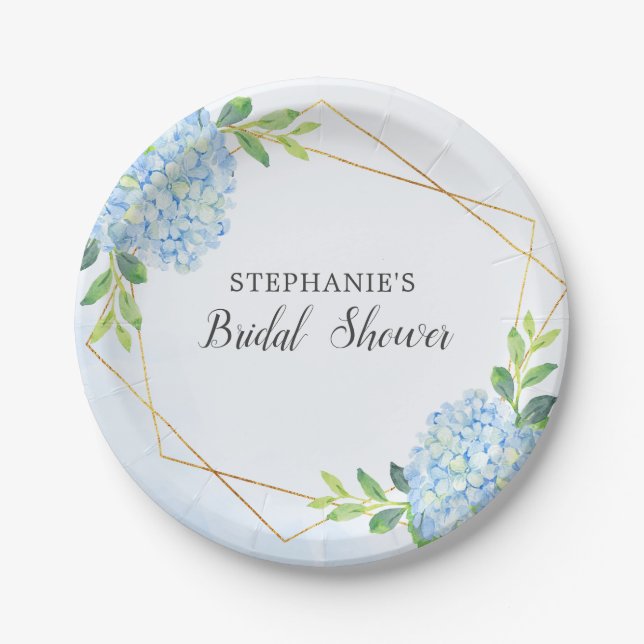 Blue Hydrangea Geometric Floral Bridal Shower Paper Plate (Front)