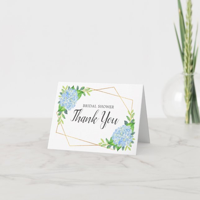 Blue Hydrangea Geometric Floral Bridal Shower Thank You Card (Front)