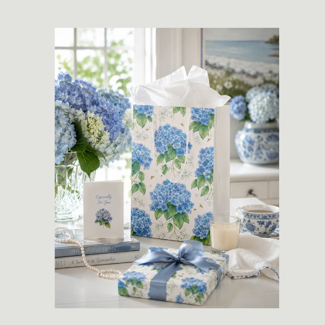 Blue Hydrangea Gift Bag | Wedding & Bridal Shower (Elegant blue hydrangea gift bag for weddings, birthdays, hostess gifts and special occasions.)