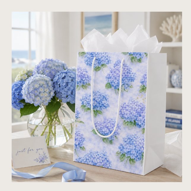 Blue Hydrangea Gift Bag | Wedding & Bridal Shower (Blue hydrangea gift bag with white sides, perfect for birthdays, thank you gifts and garden lovers.)