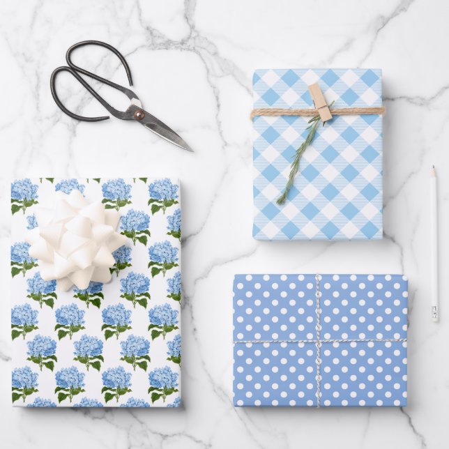 Blue Hydrangea Gingham and Polka Dot Pattern Wrapping Paper Sheet (Front)