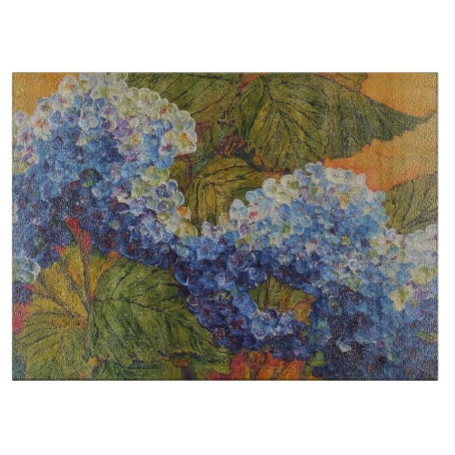 Blue Hydrangea Glass Cutting Board (Front)