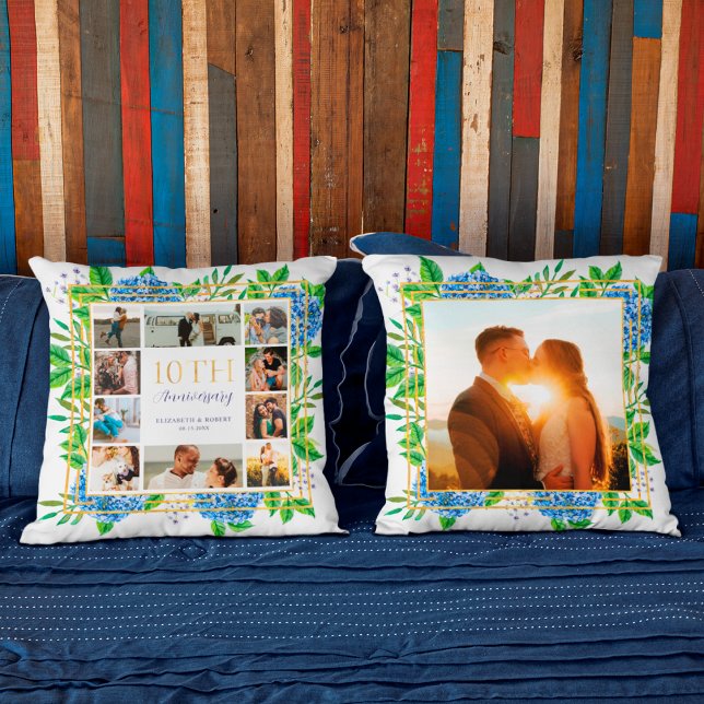 Blue Hydrangea Gold 10th Anniversary Photo Collage Cushion (Creator Uploaded)