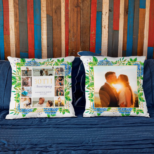 Blue Hydrangea Gold 30th Anniversary Photo Collage Cushion (Creator Uploaded)