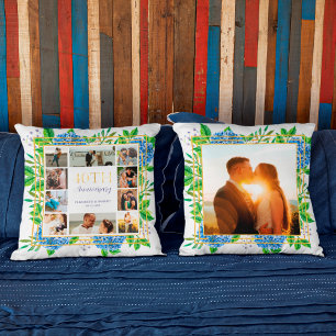 Blue Hydrangea Gold 40th Anniversary Photo Collage Cushion