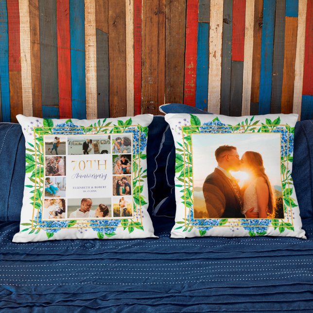 Blue Hydrangea Gold 70th Anniversary Photo Collage Cushion (Creator Uploaded)