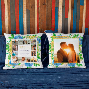 Blue Hydrangea Gold 75th Anniversary Photo Collage Cushion