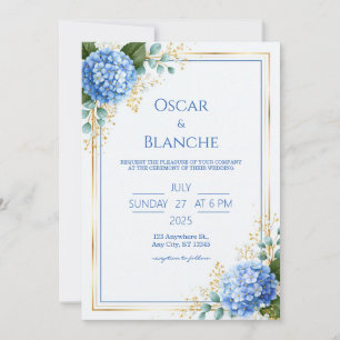 Blue Hydrangea Gold Foil Border Wedding Invitation