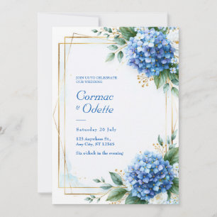 Blue Hydrangea Gold Frame Wedding Invitation