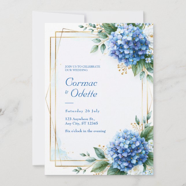 Blue Hydrangea Gold Frame Wedding Invitation (Front)