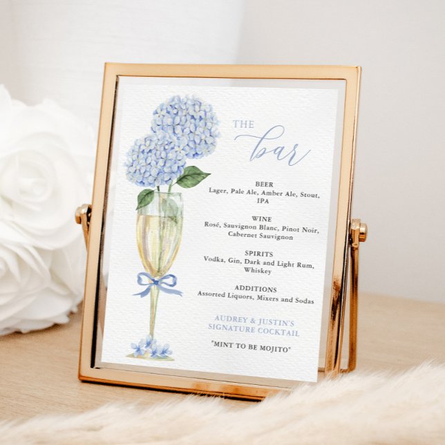 Blue Hydrangea, Gold Glass Bar Menu Poster (Creator Uploaded)