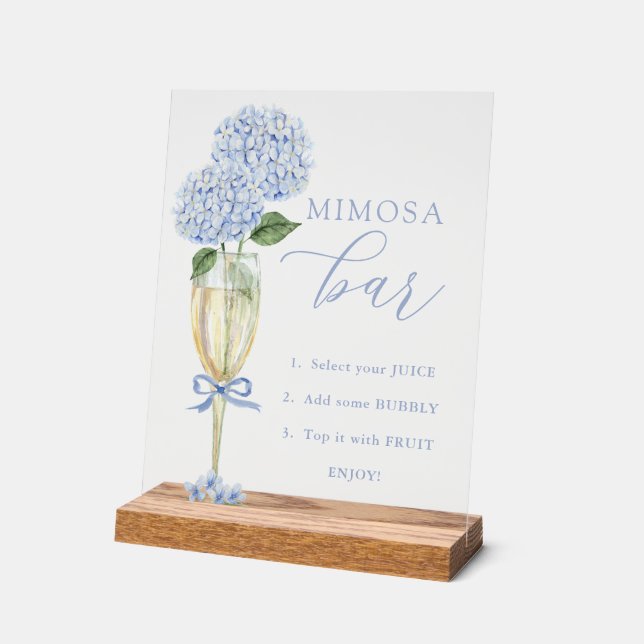 Blue Hydrangea, Gold Mimosa Bar Shower Acrylic Sign (Angle)