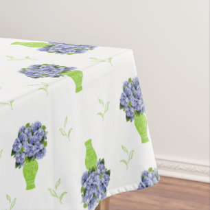  Blue Hydrangea Green Vase Coastal Pattern Tablecloth