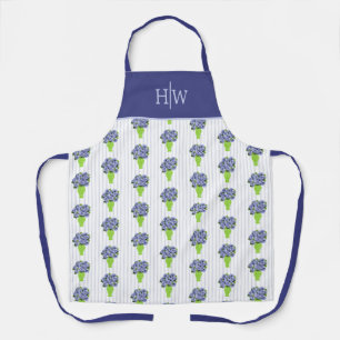 Blue Hydrangea Green Vase Coastal Stripe Pattern Apron