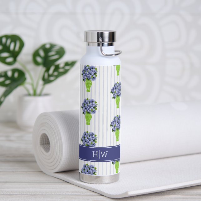 Blue Hydrangea Green Vase Coastal Stripe Pattern Water Bottle (Yoga)
