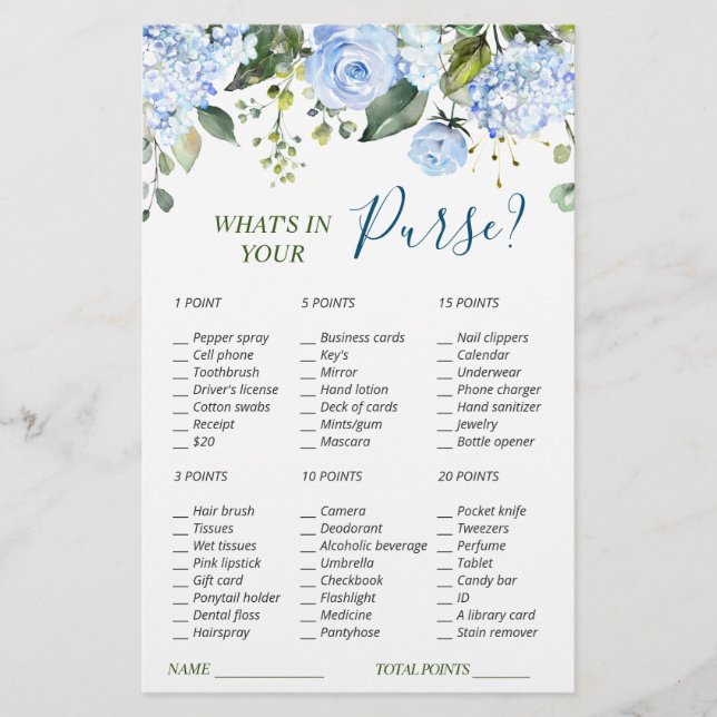 Blue Hydrangea Greenery Bridal Shower Game (Front)