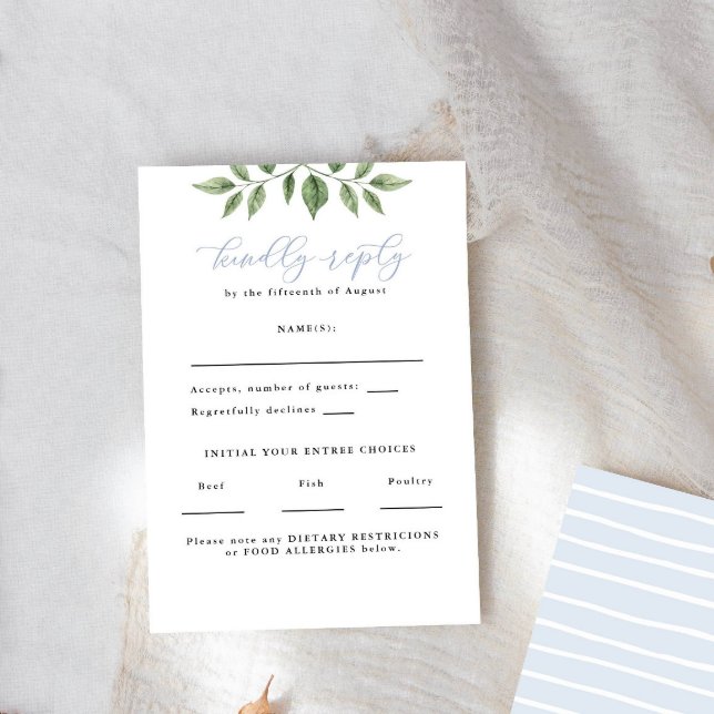 Blue Hydrangea Greenery Calligraphy Reply Vertical RSVP Card (Creator Uploaded)