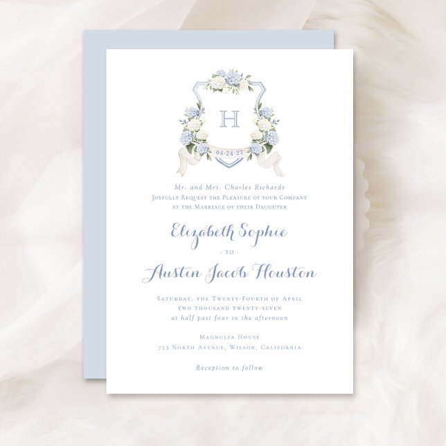 Blue Hydrangea Greenery Crest Monogram Wedding Invitation (Creator Uploaded)