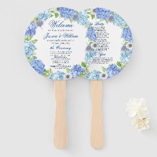 Blue Hydrangea Greenery Floral Wedding Program Hand Fan