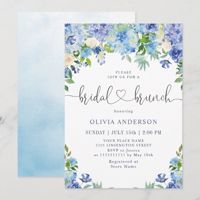 Blue Hydrangea Greenery Watercolor Bridal Brunch Invitation (Front/Back)