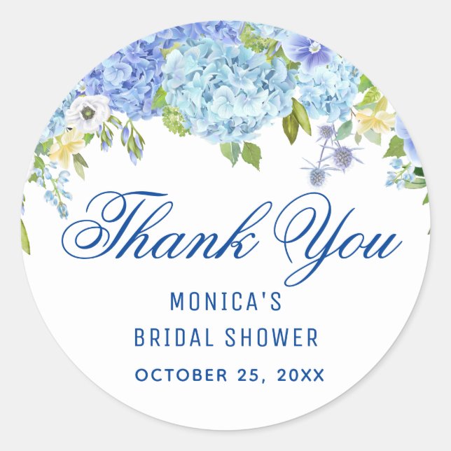 Blue Hydrangea Greenery Watercolor Bridal Shower Classic Round Sticker (Front)