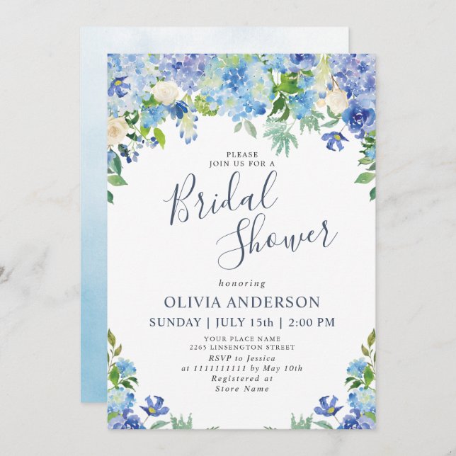 Blue Hydrangea Greenery Watercolor Bridal Shower Invitation (Front/Back)