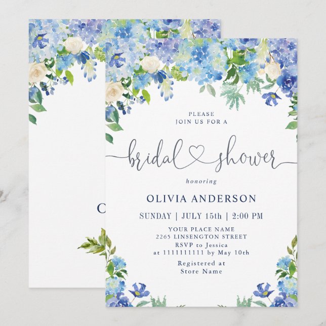 Blue Hydrangea Greenery Watercolor Bridal Shower Invitation (Front/Back)