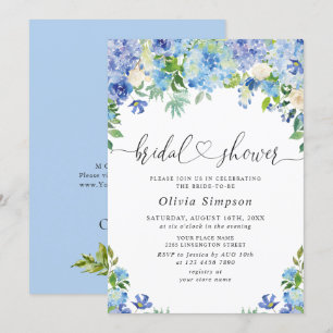 Blue Hydrangea Greenery Watercolor Bridal Shower Invitation