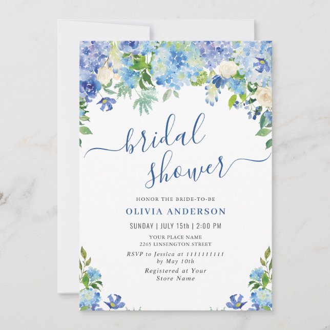Blue Hydrangea Greenery Watercolor Bridal Shower Invitation (Front)