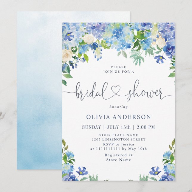 Blue Hydrangea Greenery Watercolor Bridal Shower Invitation (Front/Back)