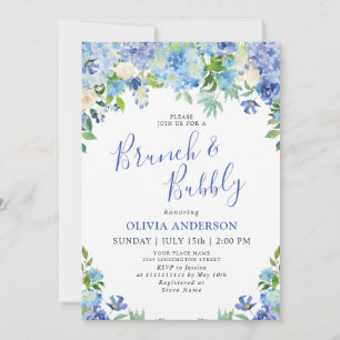 Blue Hydrangea Greenery Watercolor Brunch & Bubbly Invitation