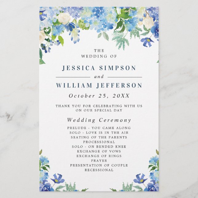 Blue Hydrangea Greenery Wedding Ceremony Program (Front)