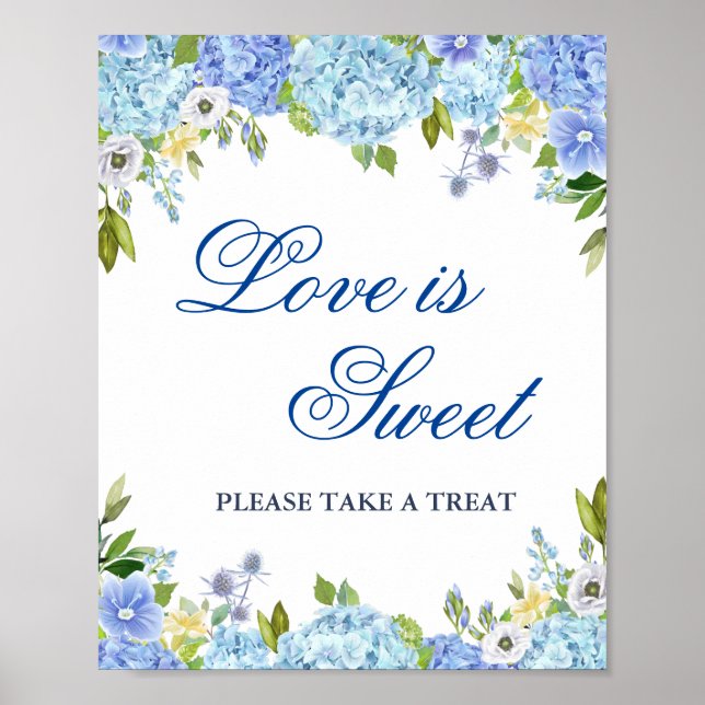 Blue Hydrangea Greenery Wedding Dessert Bar Poster (Front)