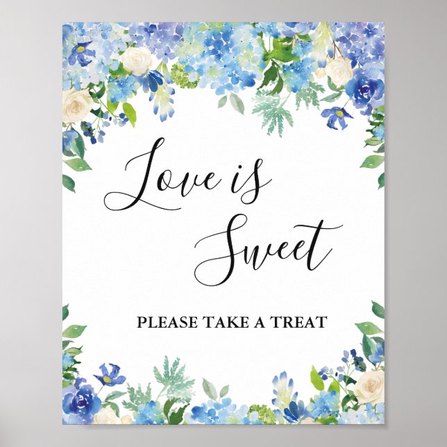 Blue Hydrangea Greenery Wedding Dessert Bar Poster (Front)
