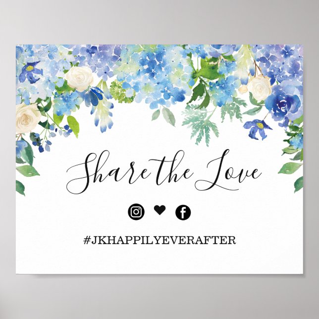 Blue Hydrangea Greenery Wedding Hashtag Sign (Front)