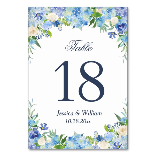 Blue Hydrangea Greenery Wedding Table Number (Front)
