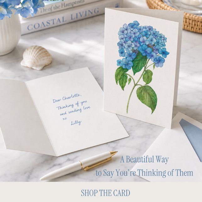 Blue Hydrangea Greeting Card | Botanical Floral  (Elegant blue hydrangea greeting card in coastal lifestyle scene, perfect for thoughtful notes.)