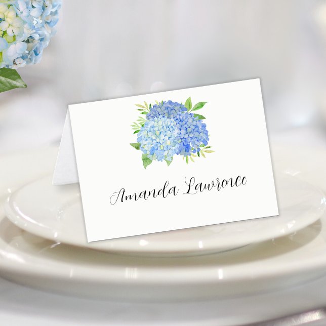 Blue Hydrangea Guest Name Script Place Card (Creator Uploaded)