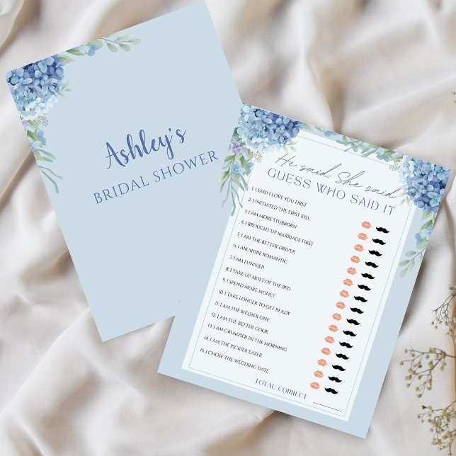 Blue Hydrangea He Said She Said Bridal Shower Game (Blue Hydrangea He Said She Said Bridal Shower Game)