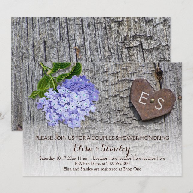 Blue hydrangea heart floral couples shower wedding invitation (Front/Back)