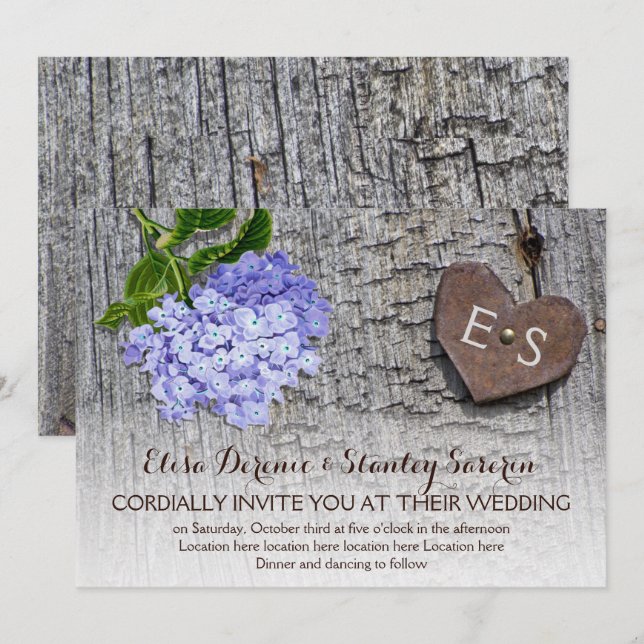Blue hydrangea & heart, monogram on wood wedding invitation (Front/Back)