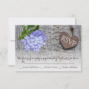 Blue hydrangea & heart on wood wedding RSVP Card
