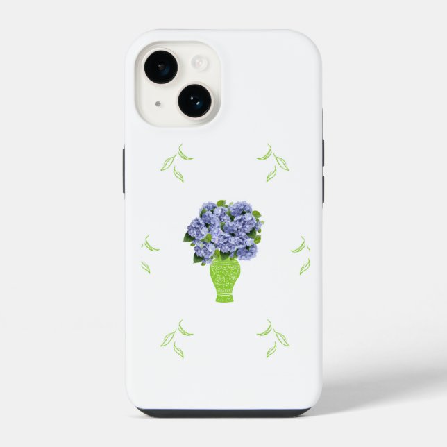 Blue Hydrangea in Green Vase Floral Pattern iPhone Case (Back)
