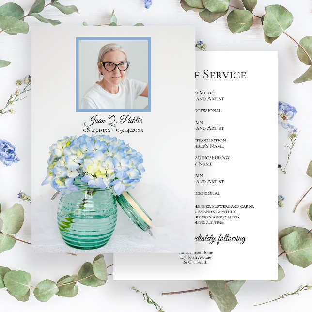 Blue Hydrangea in Jar Funeral Service Memorial Programme (Creator Uploaded)