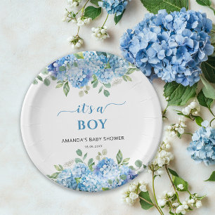 Blue Hydrangea It's a Boy Baby Shower Paper Plate