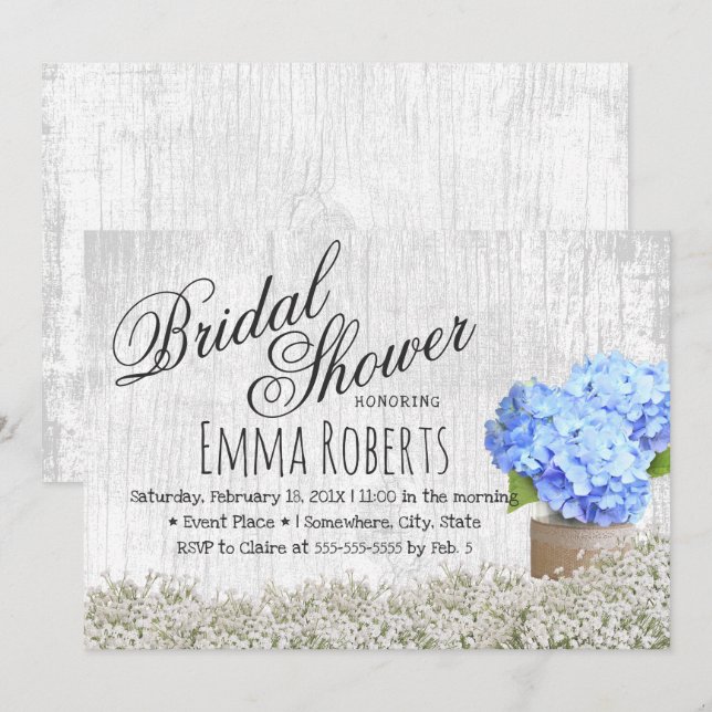 Blue Hydrangea Jar Rustic Floral Bridal Shower Invitation (Front/Back)
